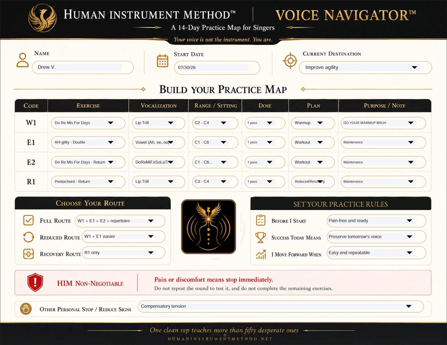 Completed Voice Navigator practice map showing configured exercises, routes, practice rules, range settings, and the pain-stop boundary.