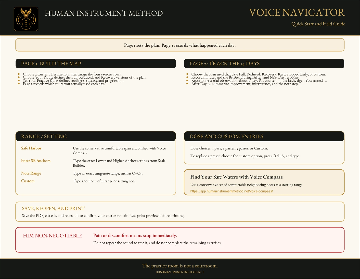 Voice Navigator Quick Start and Field Guide explaining the practice map, 14-day tracker, range settings, custom entries, saving, printing, and the pain-stop rule.